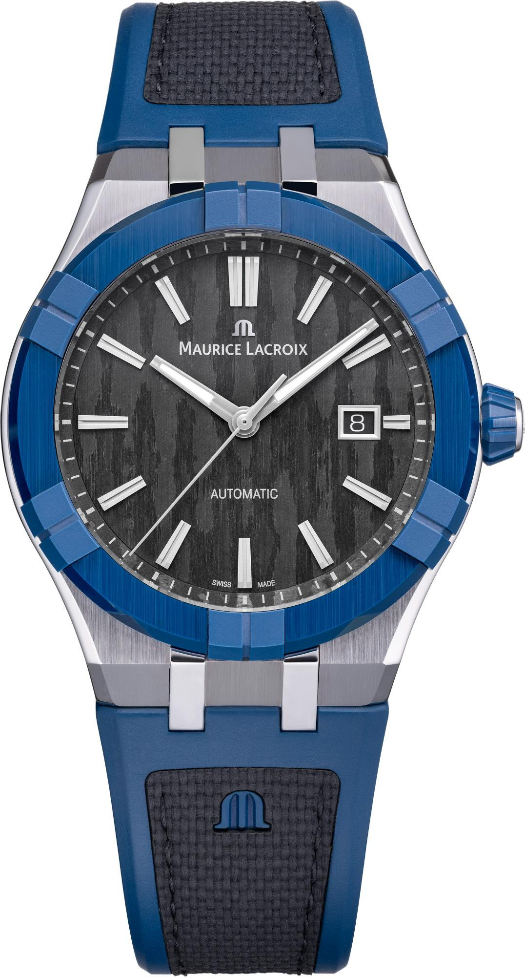De Maurice Lacroix Aikonic Automatic Date 43mm (modelnummer AC6008-SSL40-330-4) combineert stijl met functionaliteit. Met een blauwe keramische kast, zwart analoge wijzerplaat en automatische Zwitserse uurwerk, is hij ideaal voor elke gelegenheid. Waterbestendig tot 10 ATM. Draag hem dagelijks voor een chique uitstraling. Nieuwe staat. Comfortabele plastic siliconen band. Ontworpen voor de stijlvolle pols.