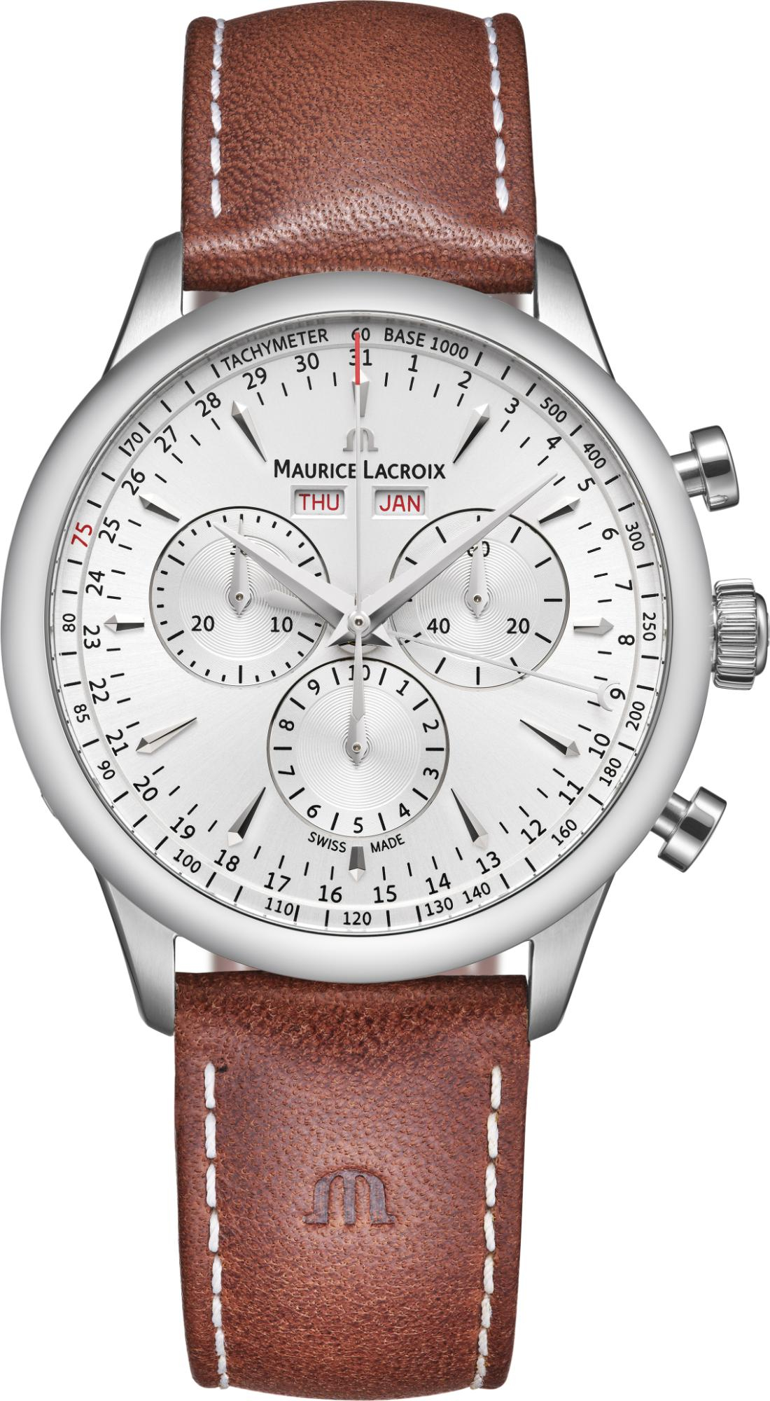 Dit is een horloge van het merk Maurice Lacroix gemaakt voor heren.
De specificaties zijn als volgt:
Kastmaat: 40 mm
Kastdikte: 10 mm
Waterdichtheid: 10 ATM / 100 Meter / 330 Feet
Dit horloge heeft de volgende functies/eigenschappen:
Chronograaf
Datumaanduiding
Dagaanduiding
Maandaanduiding
Tachymeter