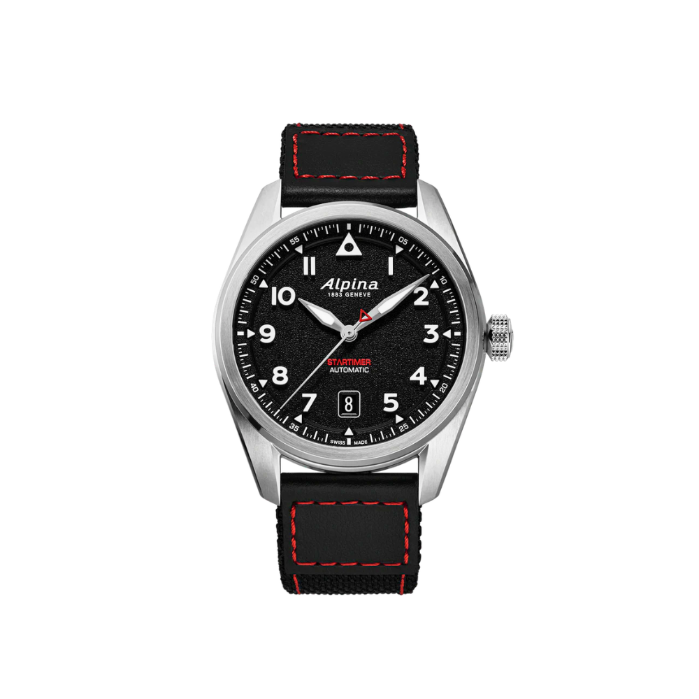 De Alpina Startimer Pilot Automatic combineert een klassiek pilotenhorloge-design met moderne Zwitserse horlogetechniek. De robuuste 40 mm roestvrijstalen kast, zwarte gestructureerde wijzerplaat en zwarte Cordura-textielband met rode stiksels geven het horloge een sportieve en professionele uitstraling.