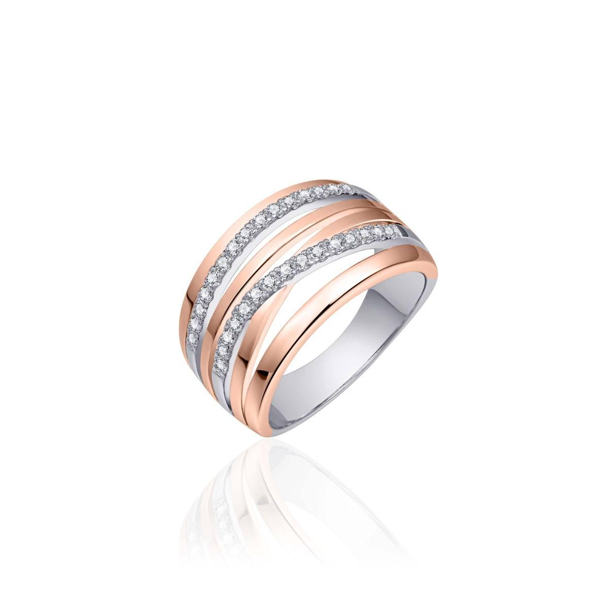 Gisser zilver ros&eacute; vergulde ring 2 banen gezet met zirkonia R055R-56