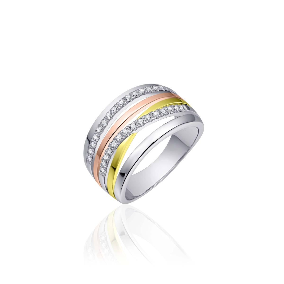 Gisser zilveren tri-colour vergulde ring 2 banen gezet met zirkonia R055T-56