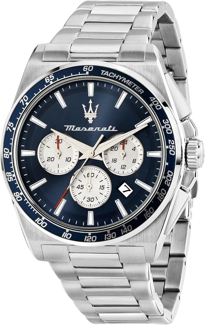 Der Velocita Maserati Chr. ist eine elegante Edelstahl-Uhr mit silberfarbenem Armband. Sie verf&uuml;gt &uuml;ber eine Datumsfunktion und hat eine Geh&auml;usegr&ouml;&szlig;e von 43 mm. Diese Uhr l&auml;sst sich perfekt zu formeller und legerer Kleidung kombinieren und ist optimal f&uuml;r Business- und Freizeitaktivit&auml;ten geeignet. Ideal f&uuml;r den modernen, stilbewussten Mann.