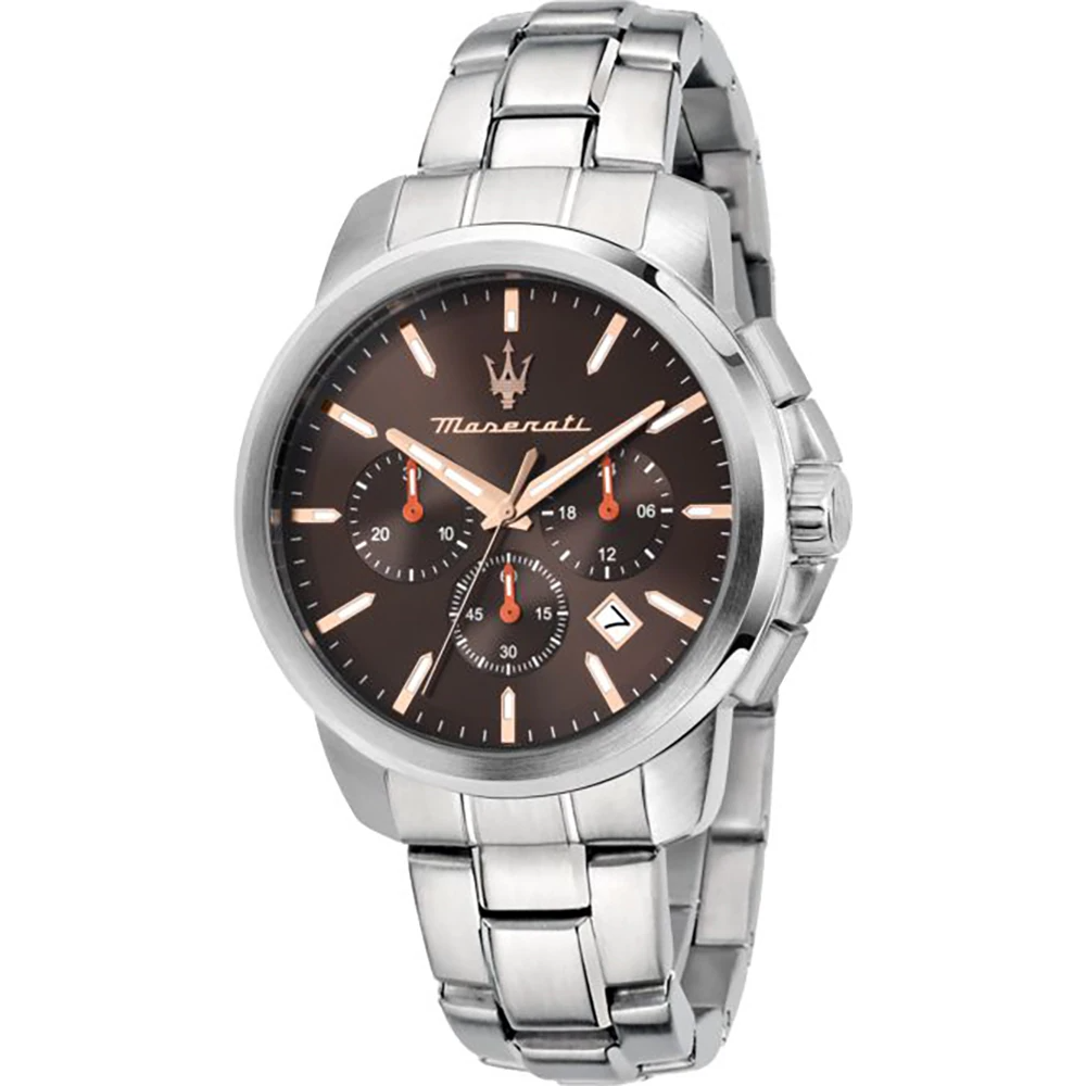 Entdecken Sie die Successo Maserati Herrenuhr. Diese stilvolle Armbanduhr verf&uuml;gt &uuml;ber ein 42mm Geh&auml;use aus Edelstahl, ist bis 5 ATM wasserdicht und enth&auml;lt eine Datumsfunktion. Der silberfarbene Armband f&auml;llt sofort ins Auge. Perfekt f&uuml;r elegante Anl&auml;sse und allt&auml;glichen Gebrauch. **Neuzustand**. Ideal kombiniert mit formeller oder legerer Kleidung.