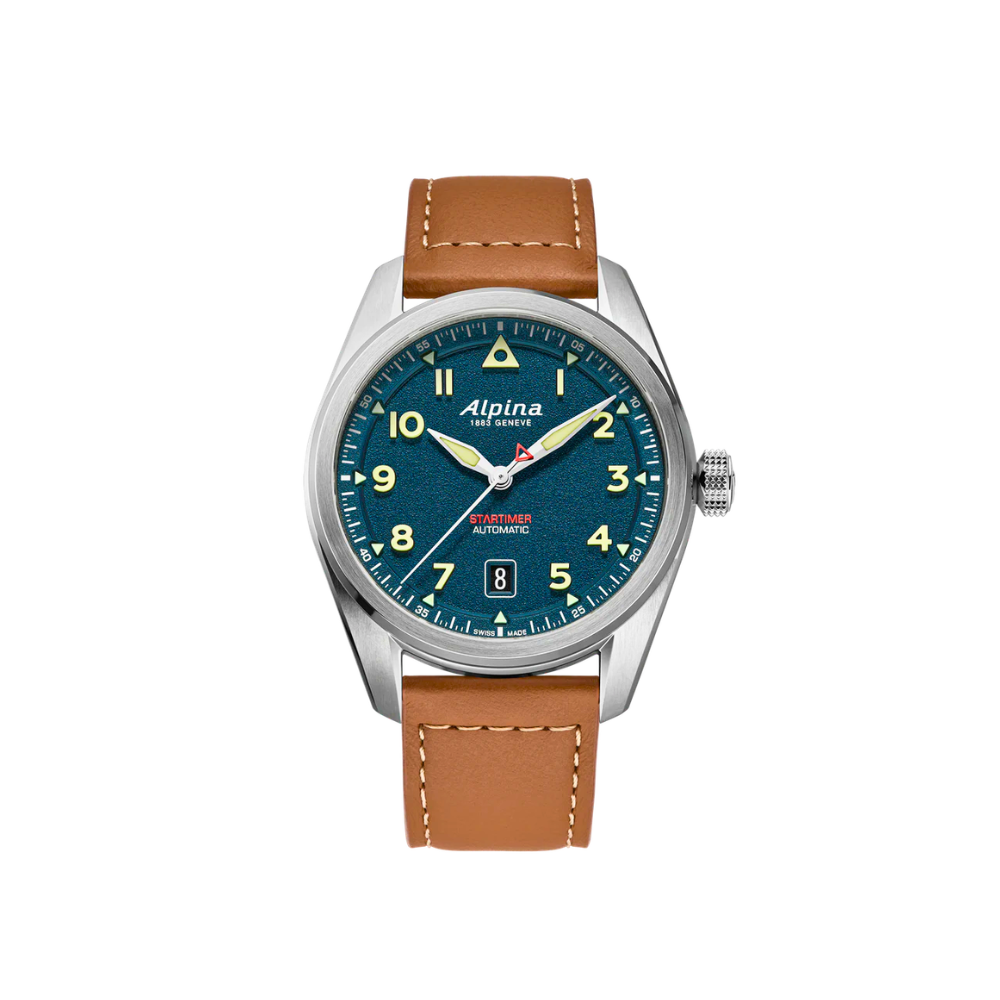 De Alpina Startimer Pilot Automatic  is een stijlvol Zwitsers pilotenhorloge waarin klassieke luchtvaartinvloeden worden gecombineerd met moderne horlogetechniek. De elegante 40 mm roestvrijstalen kast wordt gecombineerd met een diepblauwe wijzerplaat en een hoogwaardige lichtbruine leren band, wat zorgt voor een verfijnde en tijdloze uitstraling.