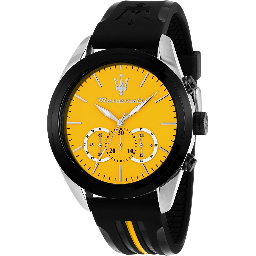 Die Traguardo Maserati Herrenuhr, besticht durch ihr 45-mm-Edelstahlgeh&auml;use, schwarzes Armband und 10 ATM Wasserdichtigkeit. Sie verf&uuml;gt &uuml;ber eine Datumsfunktion und ist brandneu. Perfekt f&uuml;r den t&auml;glichen Gebrauch oder elegante Anl&auml;sse. Kombinieren Sie sie mit formeller oder legerer Kleidung f&uuml;r einen stilvollen Auftritt.