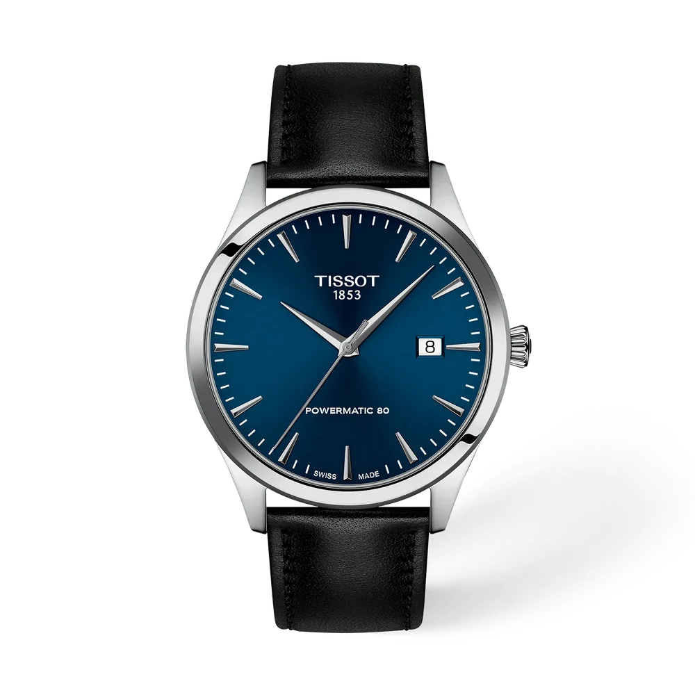 polshorloge Tissot model Classic Dream met een blauwe wijzerplaat en zwarte band.
Powermatic uurwerk