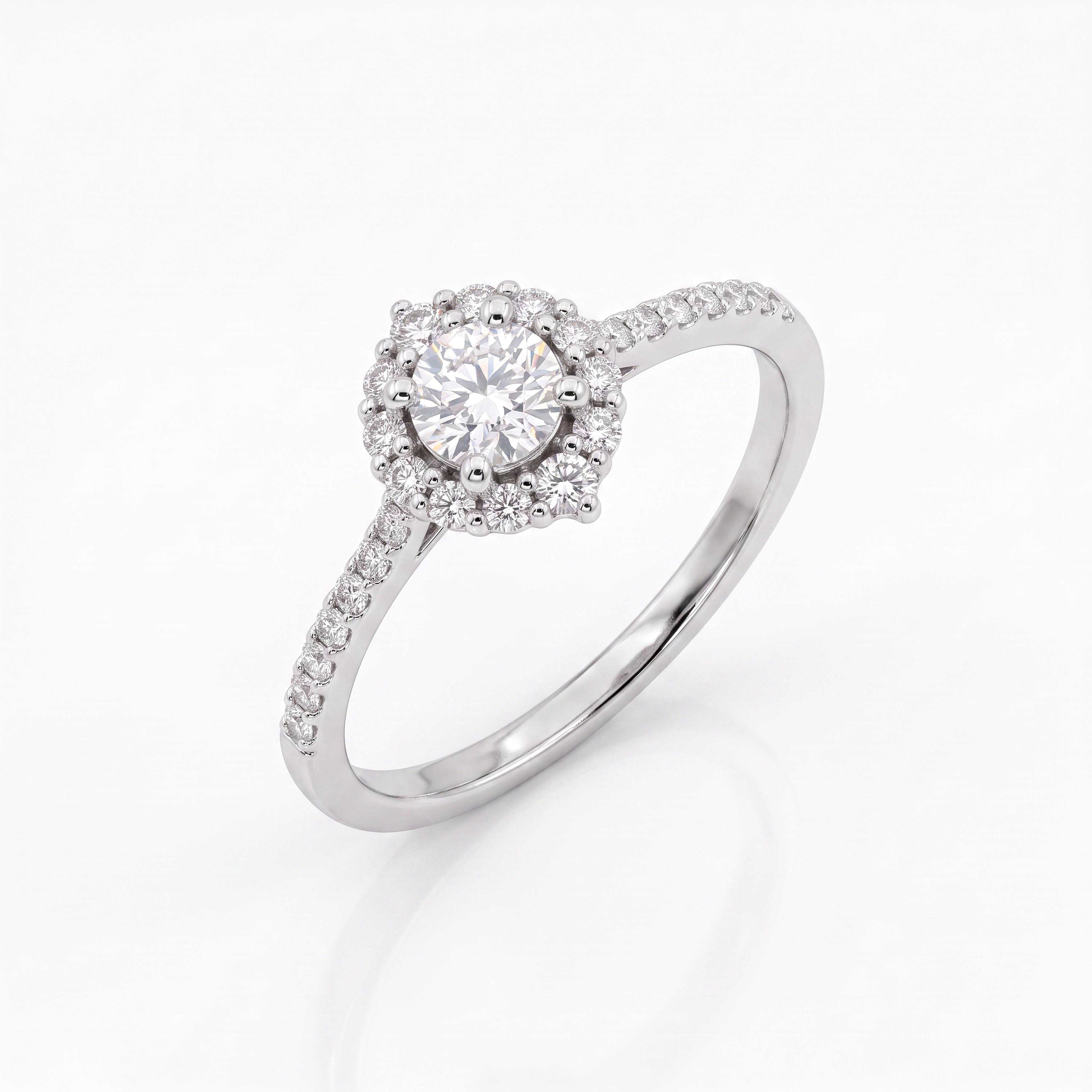 Koninklijke Schittering: 14 Karaat Witgouden Ster-Halo Verlovingsring met 0.32ct Diamant
Ben je op zoek naar een unieke witgouden halo verlovingsring met een speelse en luxe uitstraling? Deze adembenemende 14 karaat witgouden ring van Juwelier Rijk Amsterdam valt op door haar verfijnde, puntige floral ster-halo zetting.

Het stralende middelpunt is een 0.16 caraat briljant geslepen diamant met de hoogwaardige kwaliteiten F (zeldzaam wit) en SI (lichte inclusies). Rondom de centrale steen vormt een krans van diamanten een prachtig stervormig bloemmotief. Samen met de schitterende diamanten in de band (totaal 0.16ct aan zij-diamanten) komt het totale gewicht op 0.32ct.

Elegante Kwaliteit voor Dagelijks Gebruik
De ring is vervaardigd uit hoogwaardig massief 14 karaat witgoud (585). De doordachte zetting accentueert het licht vanuit elke hoek, terwijl het ontwerp stevig en comfortabel genoeg is voor dagelijks dragen.