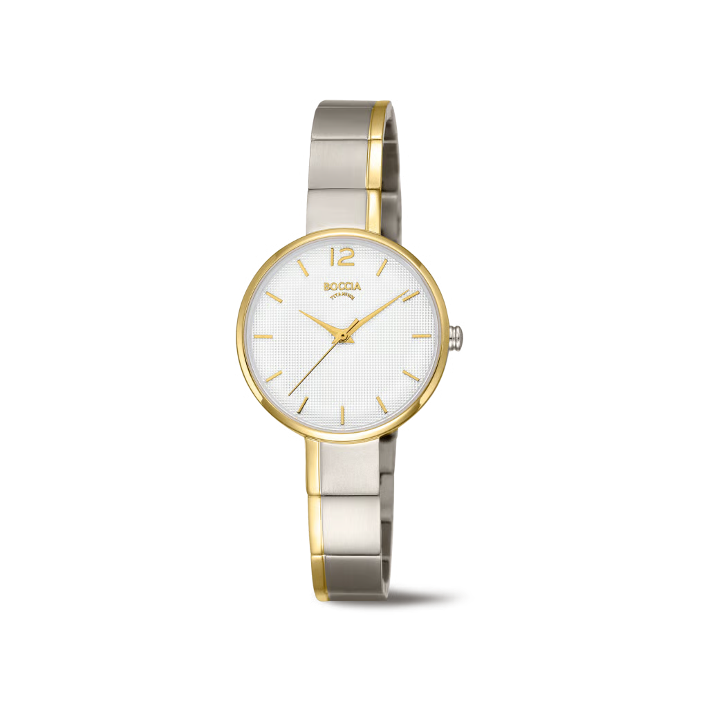 Diese Uhr, Modellnummer 3308-05, besticht durch ein Geh&auml;use aus Titan in Rundform mit Mineralglas und einem zweifarbigen Gold-Silber-Armband aus Titan. Sie verf&uuml;gt &uuml;ber ein analoges Zifferblatt in Grau mit Streifenmuster. Ohne Datumsfunktion oder Beleuchtung, bis zu 50 m wasserdicht. Tragen Sie sie stilvoll bei eleganten Anl&auml;ssen oder im Alltag.