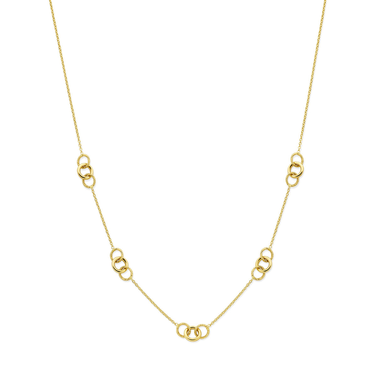 14k Geelgouden collier met rondjes. Het collier heeft een draaglengte van 45cm en een schakelbreedte van 1.2mm. Uitgevoerd met karabijnsluiting.