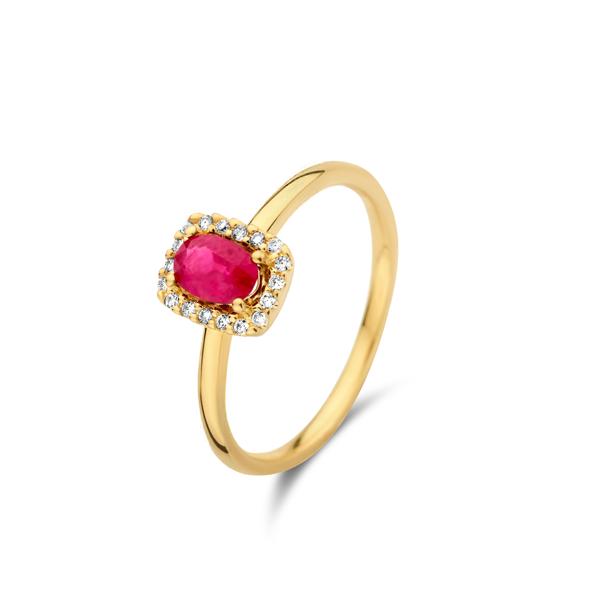 Deze prachtige Entouragering modelnummer 064194/RA is vervaardigd uit 18k geelgoud, voorzien van een robijn van 0,62 ct en diamanten van 0,08 ct. De ring is nikkelvrij en maat 53. Ideaal te dragen als een opvallend accessoire bij zowel formele als casual outfits. Het warme geelgoud en de schitterende edelstenen zorgen voor een luxe uitstraling.