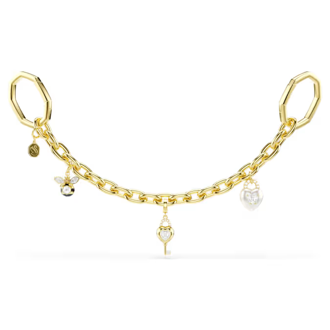 Geef uw favoriete tas een frisse twist met deze tassenketting met goudkleurige toplaag. Het ontwerp heeft veelzijdige sluitingen aan beide uiteinden en verschillende bedels, waaronder een bij, hart en sleutel, en het Swarovski-logo. U kunt ook extra Swarovski-bedels toevoegen, zodat u uw persoonlijkheid op veel verschillende sprankelende manieren kunt laten zien.
