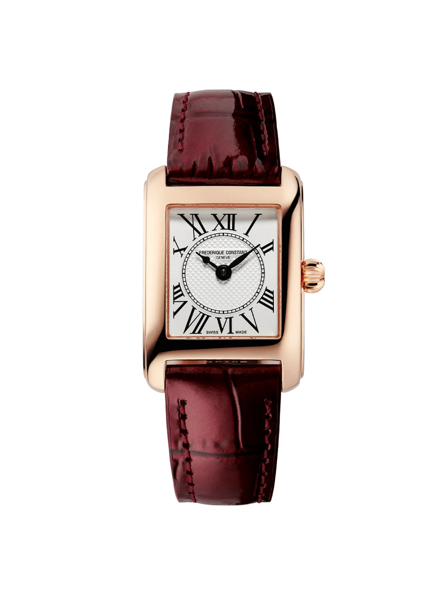 De Frederique Constant Classic Ladies FC-200MC24 is een verfijnd dameshorloge met een Zwitserse quartzbeweging. Het rechthoekige kastontwerp van roestvrij staal in rosegoud, een witte wijzerplaat met Romeinse cijfers en een rode leren band maken het elegant en tijdloos. Draag het als een stijlvolle aanvulling bij zowel formele als casual outfits. 