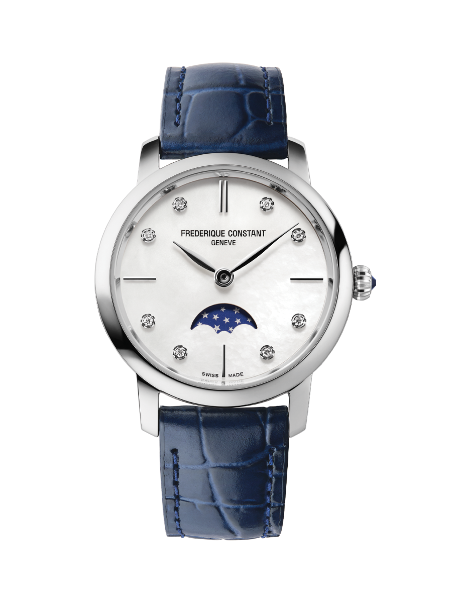 De Frederique Constant Slimline Moonphase FC-206MPWD1S6 is een elegante polshorloge met Zwitserse quartz-beweging. Het heeft een ronde, zilverkleurige roestvrijstalen kast van 30 mm, een saffierglas, en een parelmoeren wijzerplaat met echte diamanten indexen. De blauwe leren band maakt het compleet. Draag dit verfijnde horloge bij formele en casual outfits voor een stijlvolle uitstraling.