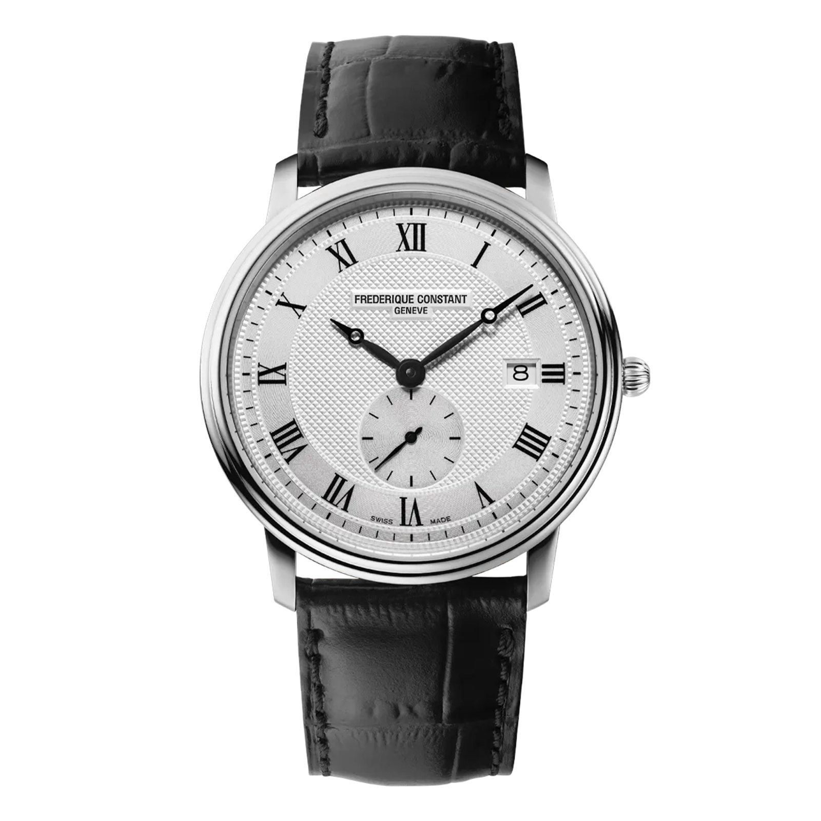 De Frederique Constant Slimline FC-245M5S6 is een stijlvolle polshorloge met Zwitserse beweging, datumfunctie, en antiallergische eigenschappen. Het heeft een ronde, zilverkleurige kast van roestvrij staal en een zwarte leren band. Draag deze elegante horloge bij formele of zakelijke gelegenheden voor een verfijnde look. Waterbestendigheidsniveau is 3 ATM.