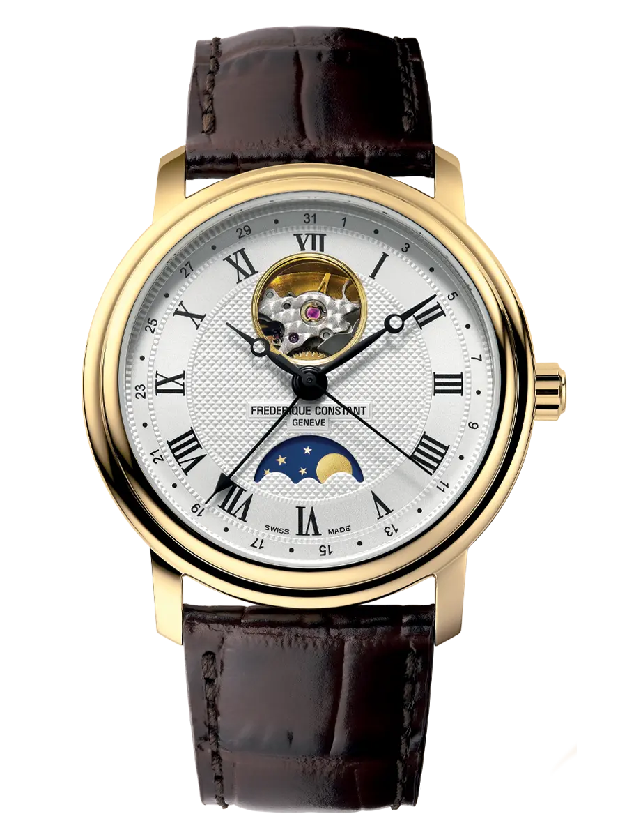 De Frederique Constant Classic Heart Beat Moonphase Date FC-335MC4P5 is een luxe polshorloge met een automatisch Zwitsers uurwerk, saffierglas en roestvrijstalen kast. Het horloge heeft een zilveren wijzerplaat met Romeinse indexen en een bruine lederen band. Draag dit stijlvolle horloge met formele of semi-formele kleding voor een elegante look. 