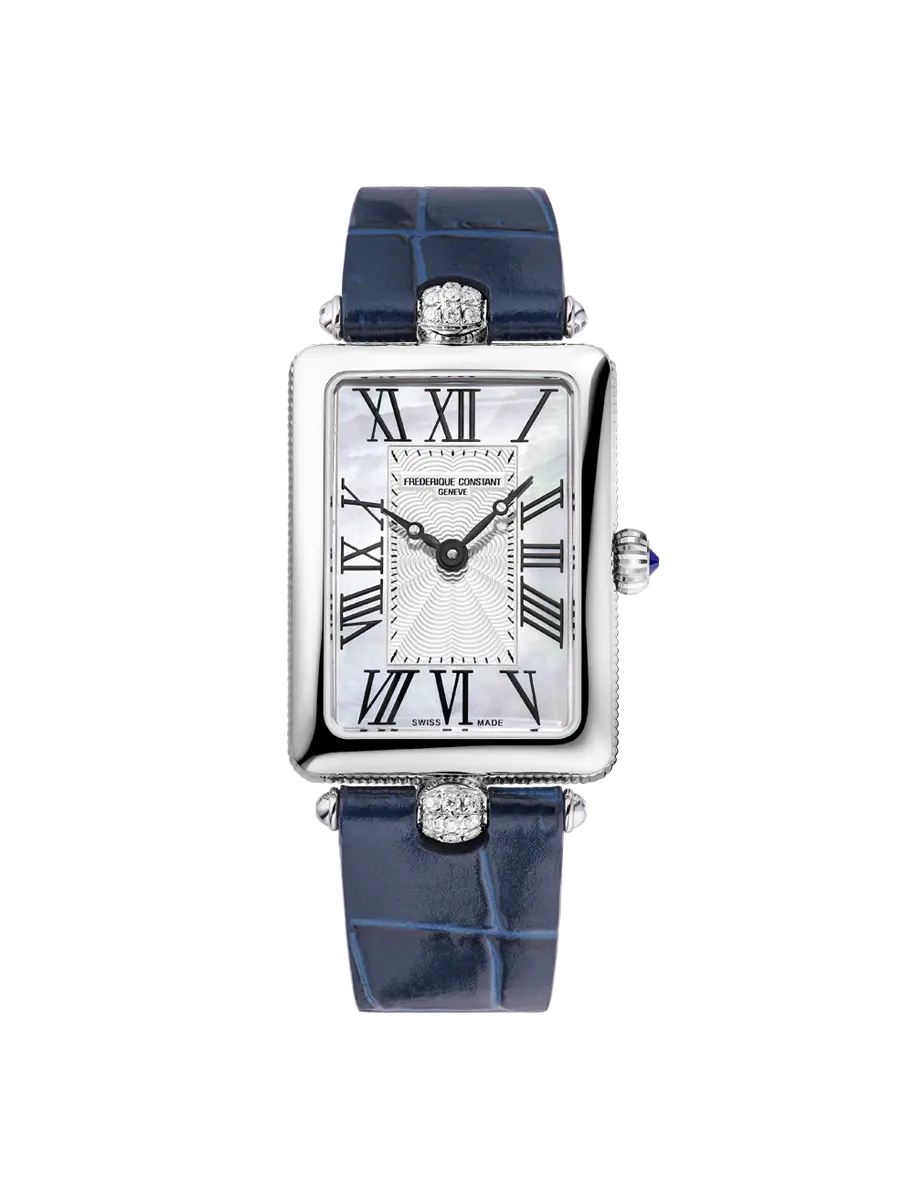 De Frederique Constant Art Deco Carree FC200MPW2AC2D6 is een verfijnd dameshorloge met Zwitsers quartz uurwerk, een rechthoekige kast van roestvrij staal met echte diamanten, en een witte wijzerplaat met Romeinse cijfers. De blauwe leren band maakt het af. Draag het als een elegant accessoire bij formele gelegenheden of als luxe dagelijks horloge.