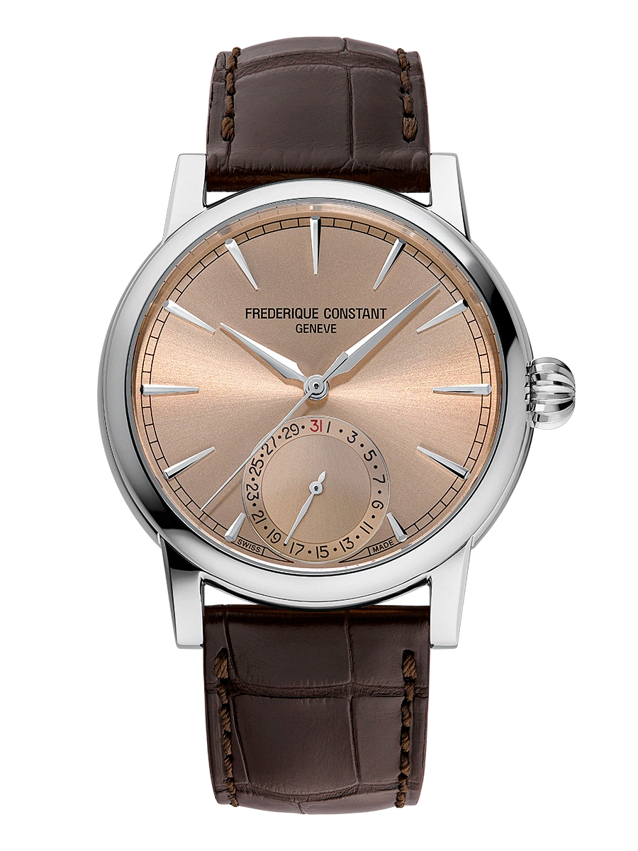De Frederique Constant Manufacture Classic Date FC-706SAL3H6 is een verfijnd polshorloge met een ronde roestvrijstalen kast en saffierglas. Het heeft een automatisch Zwitsers uurwerk, een datumaanduiding, een ros&eacute;goudkleurige wijzerplaat met strepen, en een zilverkleurige leren band. Waterbestendig tot 5 ATM. Perfect voor formele gelegenheden. Draag het met zakelijke of formele outfits. 