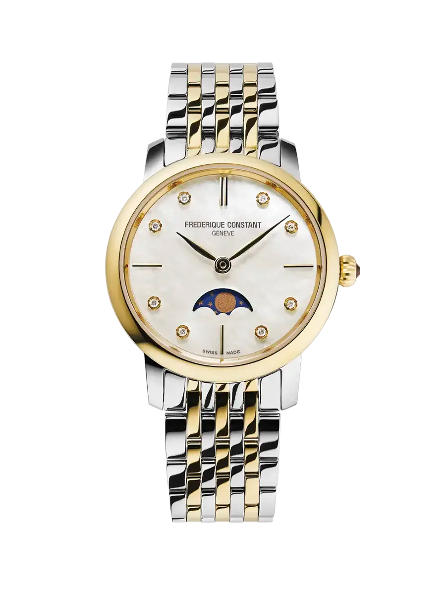 De Frederique Constant Moonphase FC-206MPWD1S3B is een elegante dameshorloge met een parelmoerkleurige wijzerplaat versierd met echte diamanten. De horlogekast is van roestvrij staal met goud-zilveren accenten. Perfect voor zowel formele als casual gelegenheden, dit horloge combineert Zwitserse quartz beweging, saffierglas, en een waterbestendigheid van 3 ATM. Draag het voor een luxueuze, maar subtiele uitstraling.
