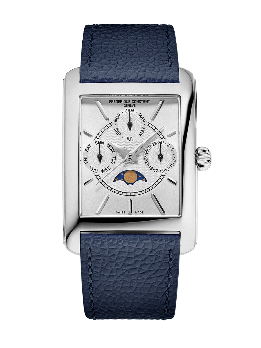 De Classics Quartz Moonphase FC-265S4C6 is een verfijnd horloge met een rechthoekige roestvrijstalen kast en zilverkleurige wijzerplaat. Het heeft een blauwe leren band, analoge aanduiding en een maanfasetracker. Dit horloge, met Zwitserse kwartsbeweging en saffierglas, straalt elegantie uit. Perfect voor formele gelegenheden of een stijlvolle zakelijke look. Waterbestendig tot 3 ATM.