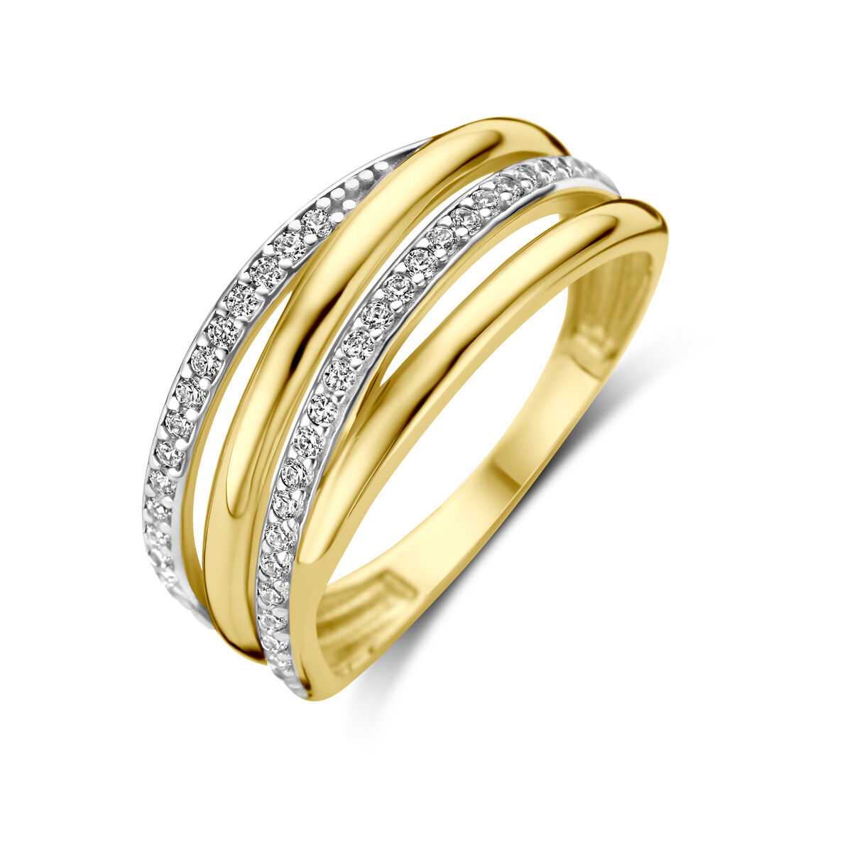 14 karaat gouden crossover ring met zirkonia . 