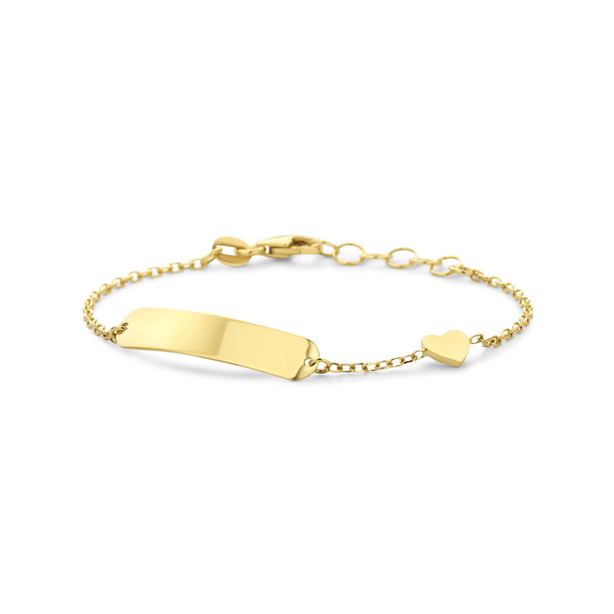 14k Geelgouden graveerarmband met een hartje. De armband heeft een lengte van 11cm met 2cm extensie. Het graveerplaatje heeft een afmeting van 5x22.5mm. Uitgevoerd met een karabijnsluiting.