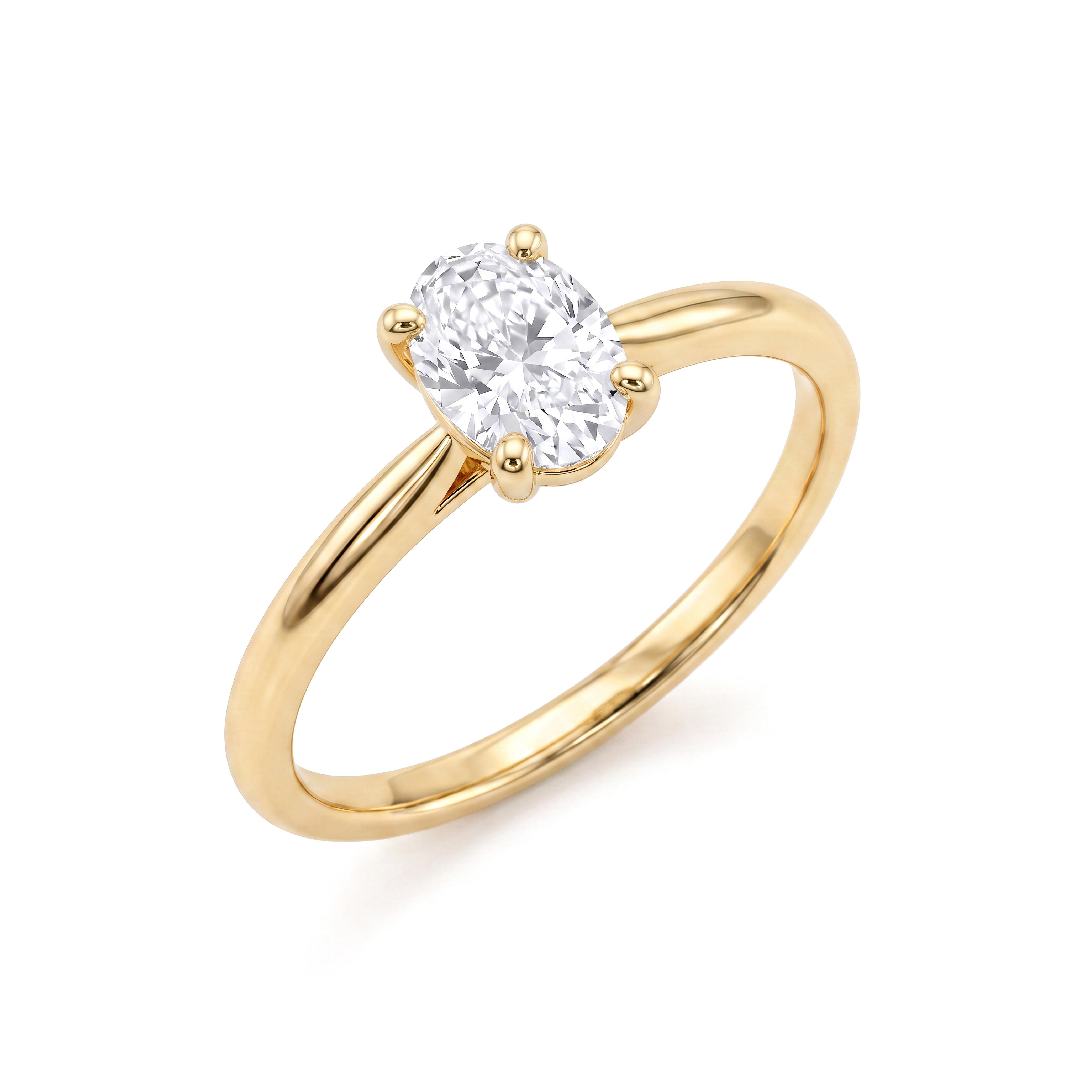 Elegante 18k Geelgouden Verlovingsring met 0.52 ct Ovale Lab Grown Diamant
Zoek je een verfijnde, tijdloze en duurzame verlovingsring in Amsterdam? Deze stijlvolle massief 18 karaat geelgouden solitair ring is een perfecte keuze voor een subtiele en elegante uitstraling. Centraal op de ring schittert een schitterende ovale lab grown diamant van 0.52 caraat, gedragen in een klassieke 4-poot zetkast die het licht van alle kanten prachtig invangt.