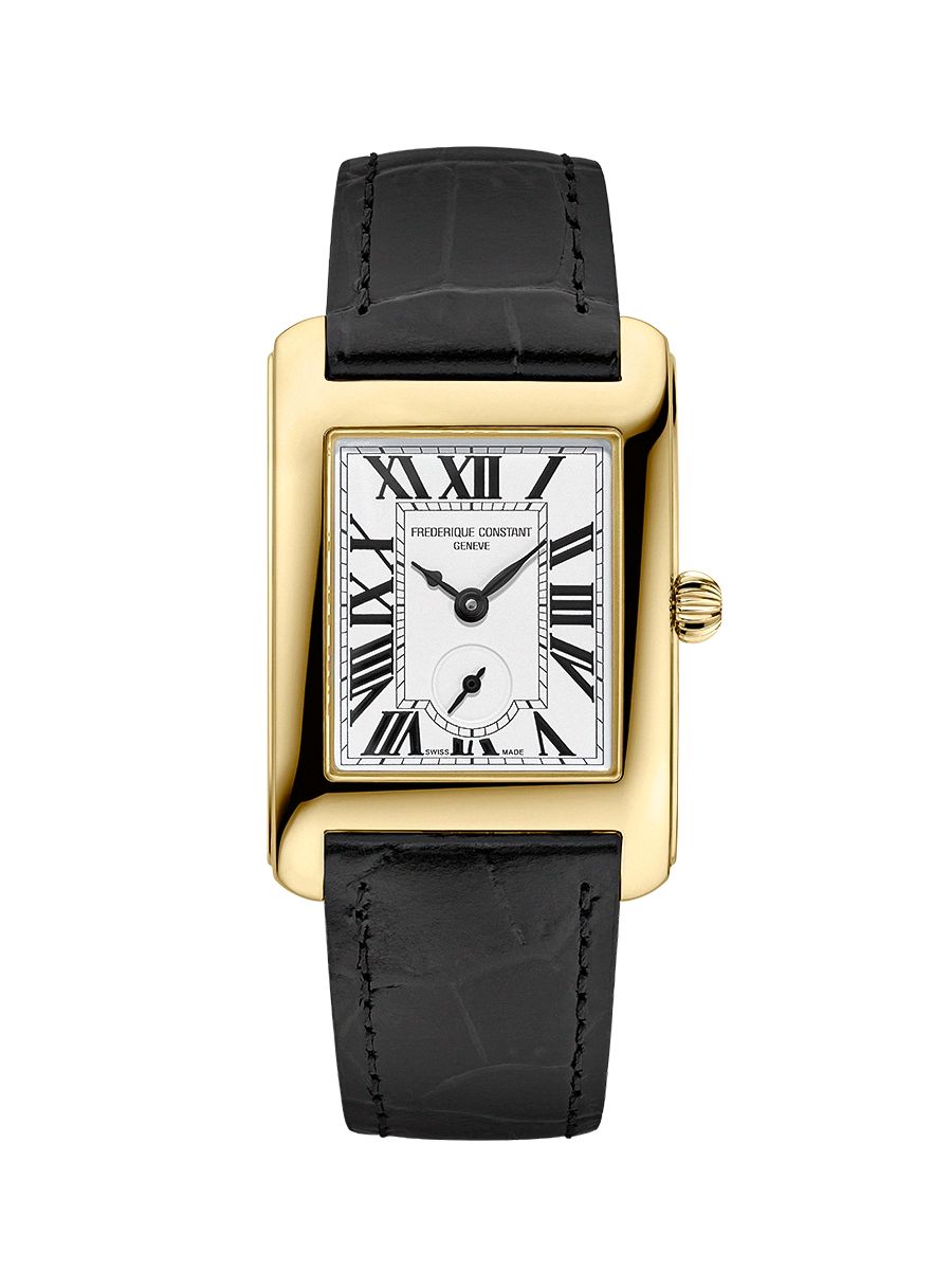 De Frederique Constant Carree Small Seconds FC-235S2C5 is een elegante rechthoekige horloge met Zwitsers quartz-uurwerk, een goudkleurige roestvrijstalen kast en zwart leren band. Met saffierglas en Romeins cijferwijzerplaat combineert het stijl met duurzaamheid. Perfect voor formele gelegenheden door zijn verfijnde uitstraling. Draag hem bij nette kleding om een tijdloze elegantie uit te stralen. 