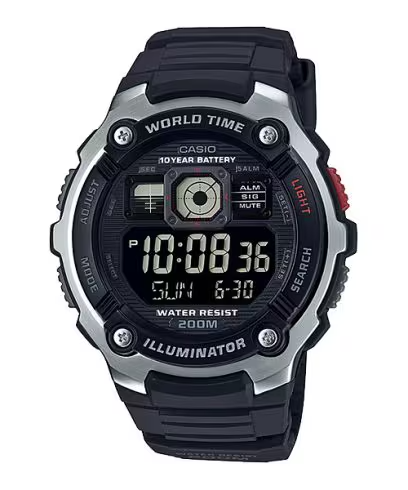 10-YEAR BATTERY LIFE
200-meter water resistance
Face design resembles an aircraft cockpit instrument
10-year battery life
World time
1/100-second stopwatch
5 alarms
LED light
