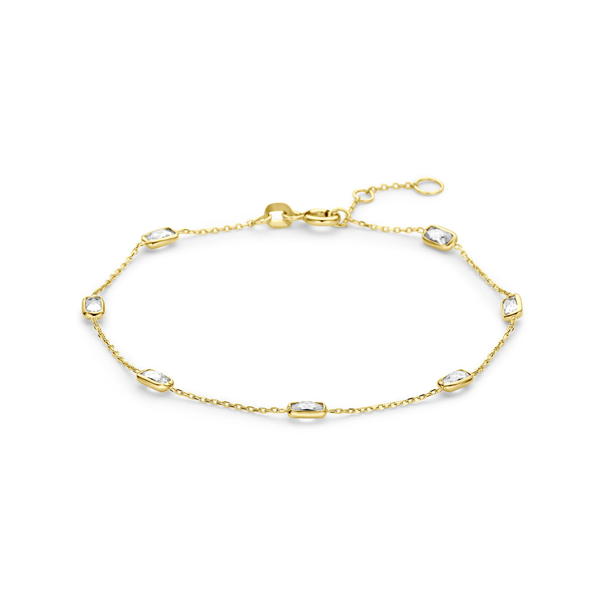 9krt gouden armband met zirkonia. De armband heeft lengtes van 16.5-17.5-18.5cm en een schakelbreedte van 0.9mm.