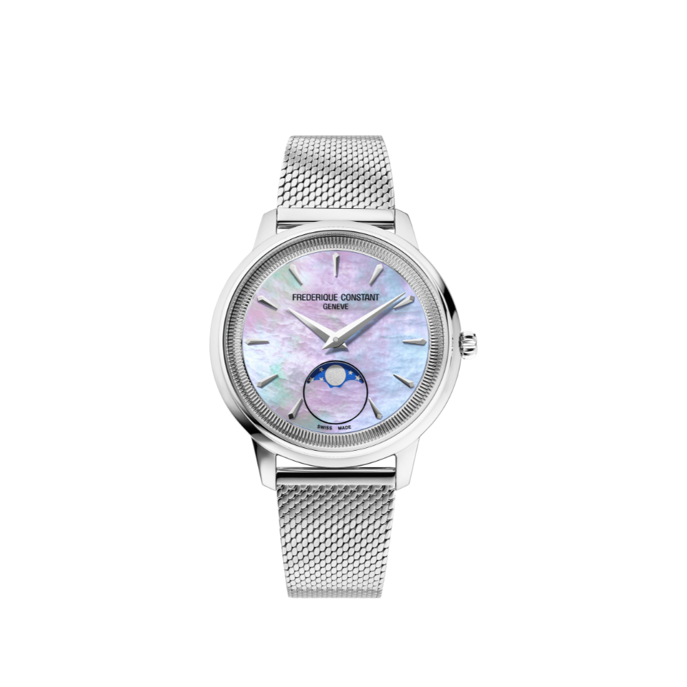 De Frederique Constant Classics Moneta Moonphase is een verfijnd dameshorloge dat tijdloze elegantie combineert met Zwitserse precisie. De parelmoeren wijzerplaat, subtiele maanfaseweergave en roestvrijstalen kast en band zorgen voor een luxueuze uitstraling. Dankzij het slanke 34mm ontwerp en het betrouwbare quartzuurwerk is dit horloge perfect voor dagelijks gebruik &eacute;n bijzondere gelegenheden.