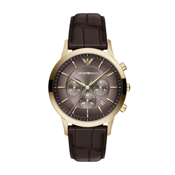 De Armani Archetipo Chronograaf Heren AR11822 heeft een goudkleurige roestvrijstalen kast van 43mm met mineraalglas, bruine wijzerplaat met streepindex en bruine leren band van 22mm. Voorzien van chronograaf, kwartsmechanisme, datumfunctie en is nikkelvrij. Waterbestendigheid tot 5 ATM. Draag deze stijlvolle horloge casual met een nette outfit voor een verfijnde look.