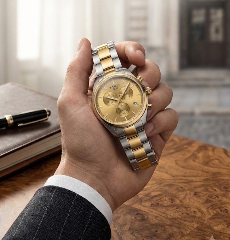 Schweitzer Uhrmacherkunst gepaart mit einem erstklassigen Preisleistungsverh&auml;ltnis. Der Tissot Chrono XL, mit einem Durchmesser von 45mm und einer H&ouml;he von 11,02mm, ist eine zeitlose elegante Produktlinie inerhalb der Sport Kollektion. Das harte und kratzfeste Saphirglas sorgt f&uuml;r eine gute Sicht auf das goldfabige Chronographenzifferblatt. Auch bei Dunkelheit sorgen die Leuchtindexe und die Leuchtzeiger f&uuml;r ein gutes ablesen der Uhrzeit. Das Band besitz eine Faltschlie&szlig;e f&uuml;r ein schnelles an und ablegen. Durch das hochwertige Quarzwerk in dieser Uhr ist h&ouml;chste Pr&auml;zision garantiert. Das Band und Geh&auml;use sind Bicolor und machen die Uhr dadurch sprtlich und sogleich elegant.