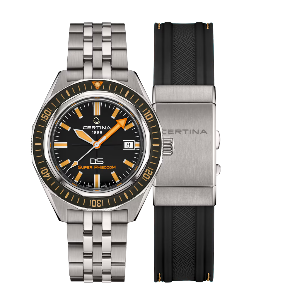 Met de nieuwe DS SUPER PH2000M gaat Certina nog een stapje verder in zijn onderwaterhorlogecollectie met het eerste PH-horloge dat is ontworpen voor dieptes tot 2.000 meter onder het oceaanoppervlak. Een omgeving met een verpletterende en bijna ondraaglijke druk. Een technisch hoogstandje, gebouwd voor een wereld waarin bijna niets anders standhoudt. Deze nieuwe generatie, die voortbouwt op het in 1959 ge&iuml;ntroduceerde DS-concept van het merk en de in de jaren zestig gelanceerde PH-duikhorloges, verdubbelt de eerdere prestatienormen tot 2.000 meter en is bovendien uitgerust met de nieuwste versie van Double Security: het DS-concept &lsquo;Extreme Shock Resistance&rsquo;. De collectie is vervaardigd uit titanium van klasse 2 en omvat vier modellen die zich onderscheiden door gedurfde materiaal- en kleurencombinaties, voorzien van keramische lunettes en verkrijgbaar met een band van titanium, rubber, silicone of textiel. Aangedreven door het Powermatic 80-uurwerk met een Nivachron&trade;-balansveer, biedt de DS SUPER PH2000M nauwkeurigheid, uithoudingsvermogen en betrouwbaarheid onder extreme omstandigheden.