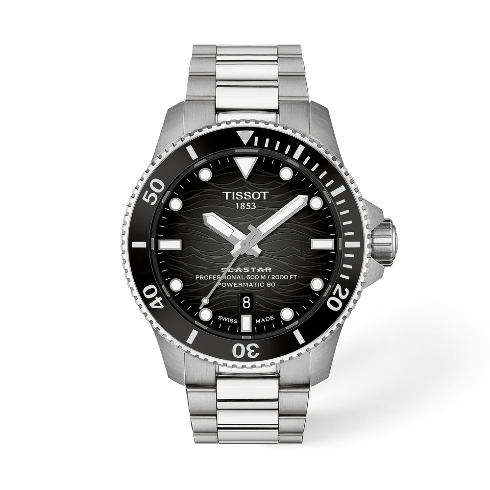 herenpolshorloge Tissot Seastar 1000 met een zwarte wijzerplaat en powermatic 80 uurwerk