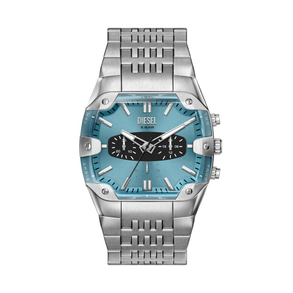DZ4725 Diesel herenhorloge, stalen band en kast, rechthoekig geslepen glas, blauwe wijzerplaat