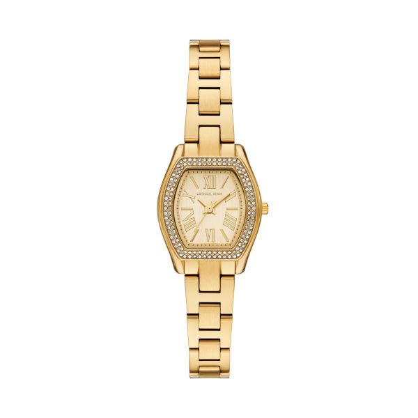 Michael Kors dames horloge, goudkleurige stalen band en kast, ovale kast met steentjes, goudkleurige wijzerplaat