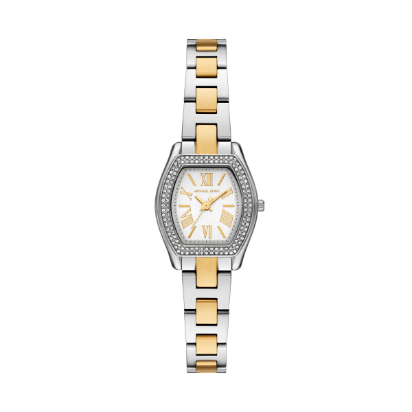  Michael Kors dames horloge, bicolor stalen band, ovale kast met steentjes, lichte wijzerplaat