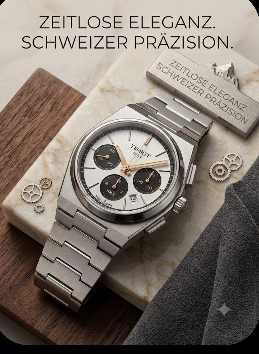 ein gutes Preisleistungverh&auml;ltnis trifft auf Uhrenk&auml;ufer, die Wert auf Tradition und Schweizer Uhrmacherkunst legen. Die Tissot T-Classic PRX Automatic Chronograph hat einen Durchmesser von 42mm und hat ein kratzfestes, entspiegeltes Saphirglas durch das man das wei&szlig;e, mit Indexen und dunkelblauen Totalisatoren best&uuml;ckte Zifferblatt sehr gut erkennen kann. Sie ist 100m Wasserdicht und das Geh&auml;use sowie das Band sind aus 316L- Edelstahl. Ein weiters Highlight ist der Glasboden duch den man sehen kann wie die Uhr arbeitet. Legen sie die Uhr einmal bei Seite l&auml;uft sie noch 60-65 Stunden weiter.