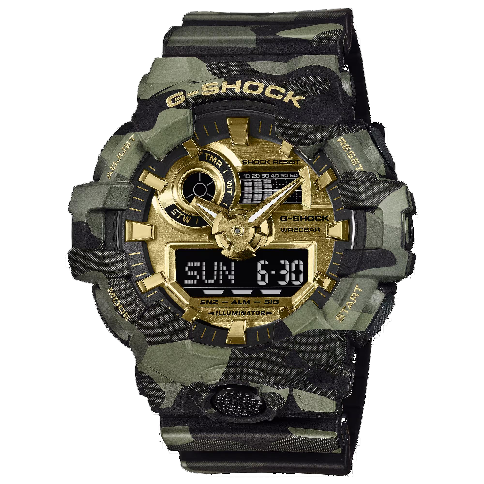 Waarom gewone camouflage als je ook voor goud kunt gaan? De Bold Camo-lijn brengt G-SHOCK street fashion-camouflage naar een heel nieuw niveau.

We beginnen met de GA-700 met zijn opvallende grote kast en verhoogde streepindexen en voegen daar een bezel en band aan toe, bedrukt met een unieke G-SHOCK-camouflage die het iconische G-merk van het merk slim verbergt. Wijzerplaat en wijzers afgewerkt met goudkleurige dampafzetting maken het opvallende statement compleet.