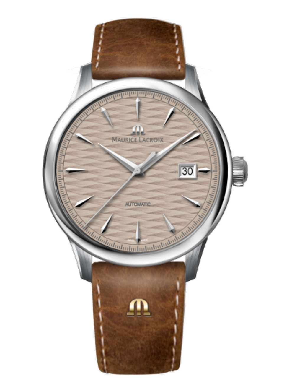 De Maurice Lacroix 1975 Automatic Saignelegier Limited Edition biedt uitstekende kenmerken: een roestvrijstalen kast en saffierglas, automatische Zwitserse beweging, waterbestendig tot 10 ATM, bruine leren band en datumfunctie. Perfect voor formele en zakelijke gelegenheden, draag hem om je pols voor een verfijnde uitstraling. Dit luxe horloge, nieuw en nikkelvrij, is een tijdloos accessoire.