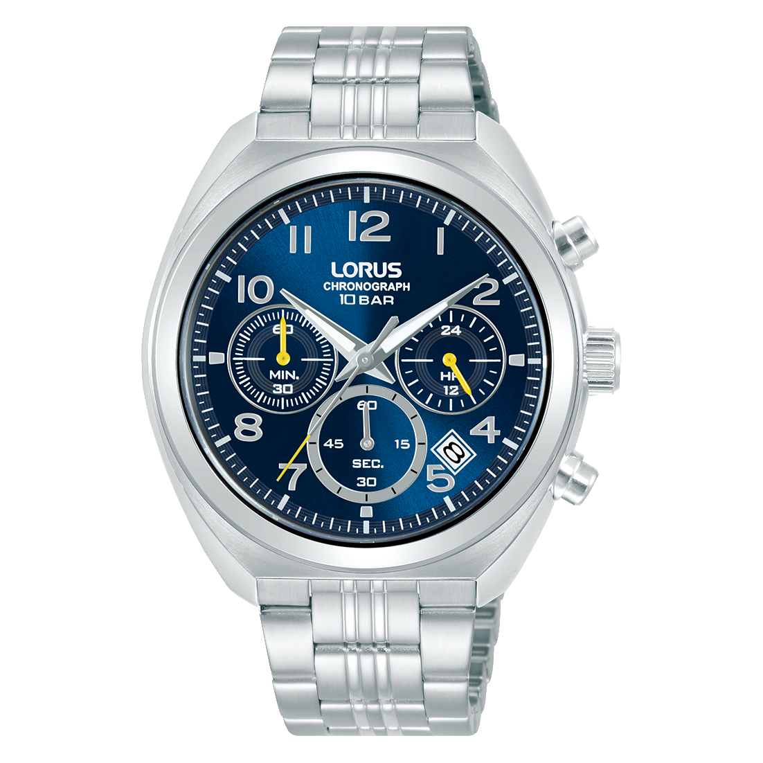 Dit stijlvolle Lorus stalen horloge, modelnummer RT389KX9, heeft een zilverkleurige metalen kast en band, een blauwe wijzerplaat, en een  mineraalglas. Het horloge heeft een chronograaf en datumfunctie, is 10 ATM waterbestendig.