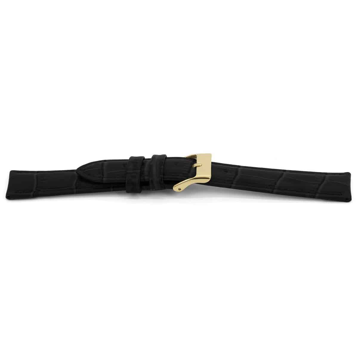 Zwart lederen horlogeband met goudkleurig edelstalen gesp.
Kleur band: Zwart Mat
Band dikte: 4.5mm
Band lengte: 75/115mm
Band breedte: 18x16mm
Gesp: Edelstaal IPG
Bekleding binnenband: Nubuck
Gestikt: Ja, dezelfde kleur als de band. 
Pushpin: Exclusief
Hypo allergisch: Ja
EAN:4782563156191