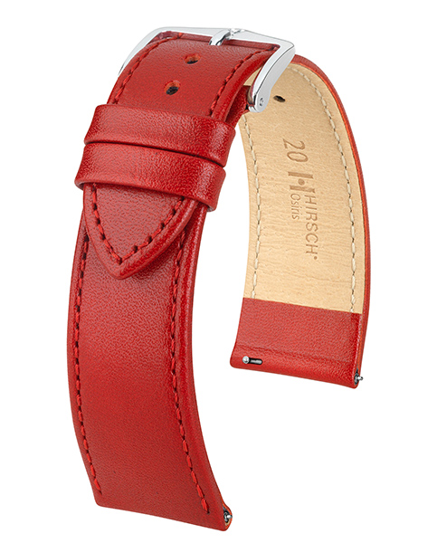 De HIRSCH Osiris in levendig rood kalfsleder is een echte blikvanger die uw uurwerk een speelse en elegante uitstraling geeft. De subtiele glans, fijne lederstructuur en zorgvuldig afgewerkte stiksels zorgen voor een verfijnd en stijlvol geheel. Met zijn breedte van 18 mm, versmallend naar 16 mm, is deze horlogeband ideaal voor wie houdt van een kleurrijk accent met een vleugje luxe.