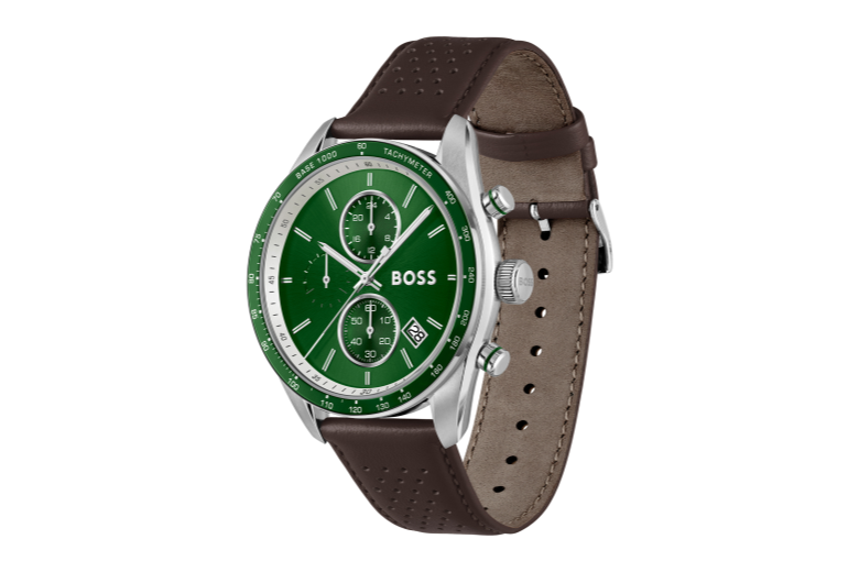 chrono-bruin lederen armband-stalen kast-groen wijzerplaat-datum-44.5mm- 5atm
