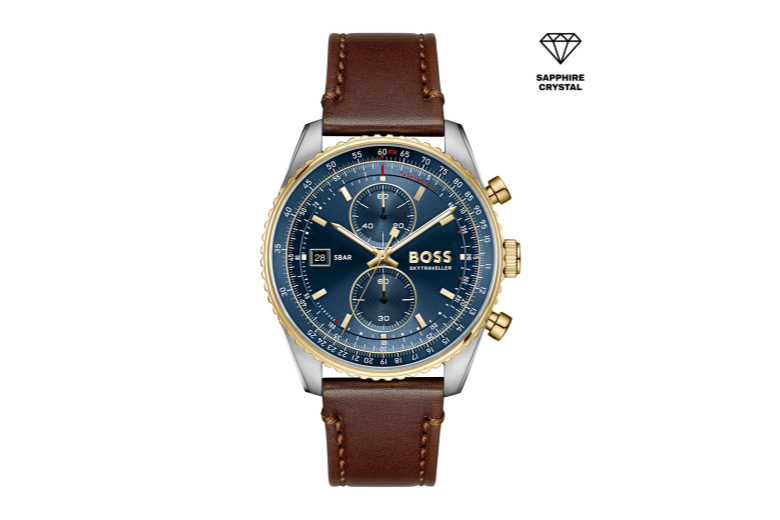 chrono-bruin lederen armband-stalen kast-blauw wijzerplaat-saffierglas-datum- 43mm-5atm