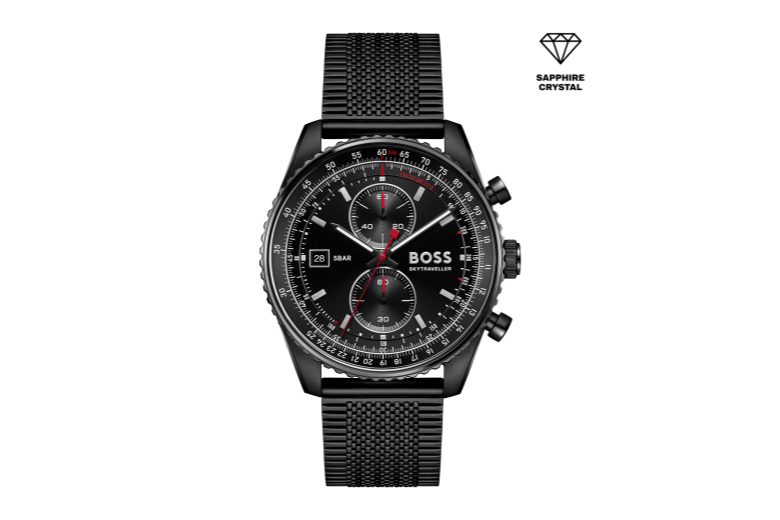 chrono-zwart pvd milanese stalen armband-zwart pvd stalen kast-zwart wijzerplaat- saffierglas-datum-43mm- 5atm