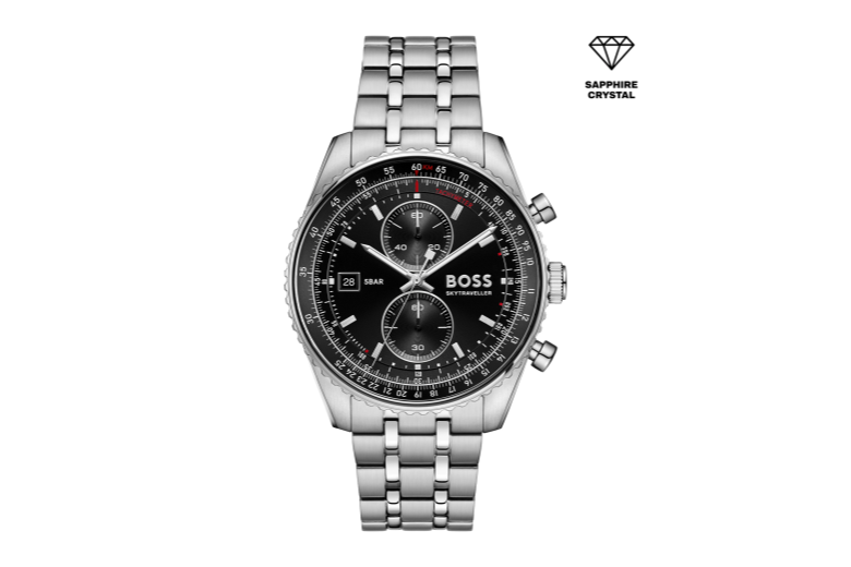 chrono-stalen armband- stalen kast-zwart wijzerplaat- saffierglas-datum-43mm- 5atm