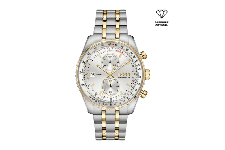 chrono-stalen/geel goud stalen armband-stalen kast- zilver wijzerplaat-saffierglas- datum-43mm-5atm