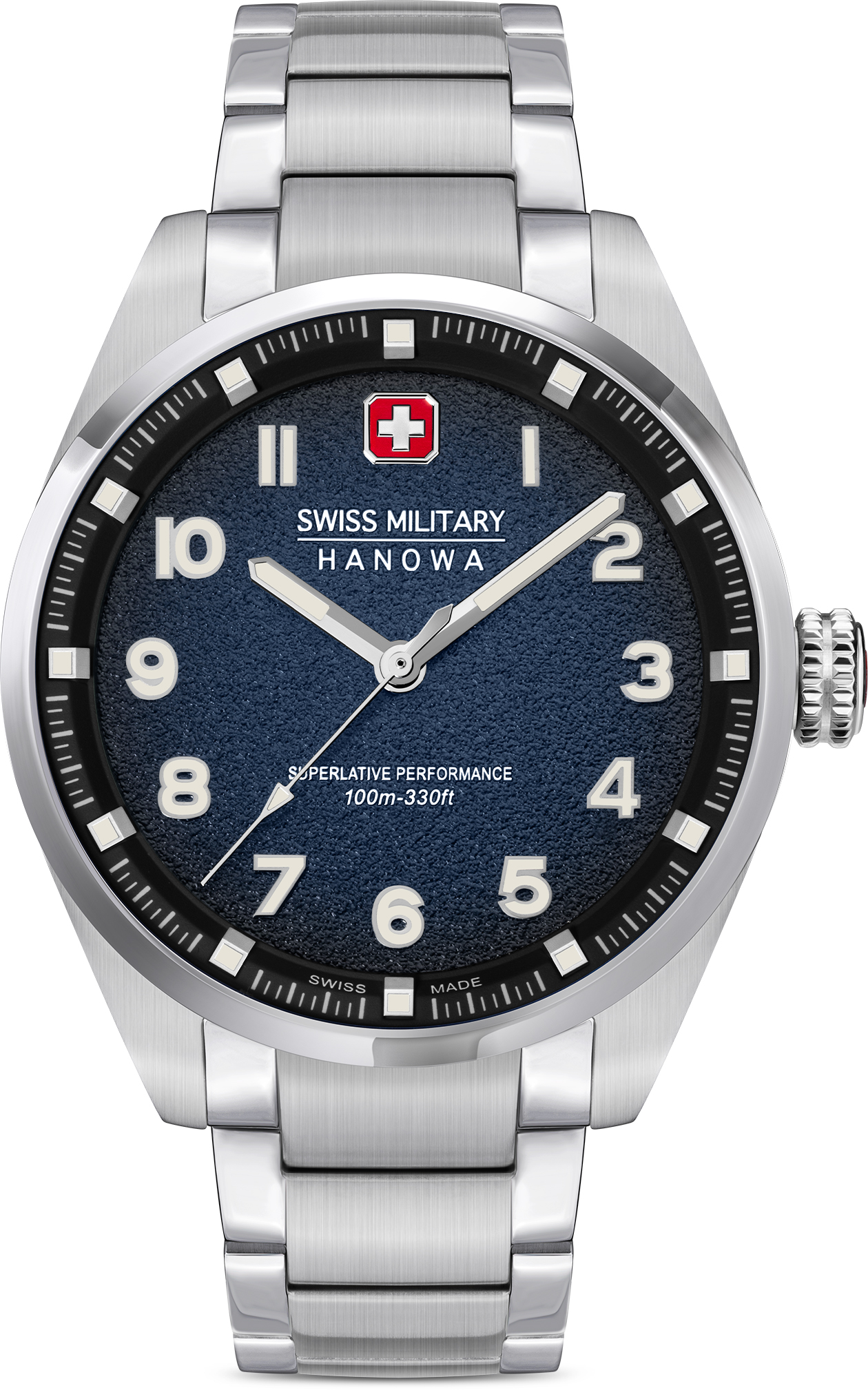 Dit klassieke Swiss Military Hanowa herenhorloge combineert een zilverkleurige edelstalen kast en band met een blauwe wijzerplaat en Arabische cijfers, voor een militair-ge&iuml;nspireerde en toch verfijnde uitstraling. Met een kastmaat van 42 mm, datumfunctie en waterdichtheid tot 10 ATM/100 meter is dit model geschikt voor dagelijks gebruik.