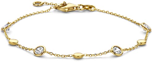 Dit product, de Swing Gouden Armband, is een stijlvolle armband van 14-karaats goud. Met zirkonia als edelsteen en een lengte van 190 mm biedt het een verfijnde uitstraling. De armband kan het best solo gedragen worden of als onderdeel van een gelaagde sieradenlook voor een elegante touch. 

